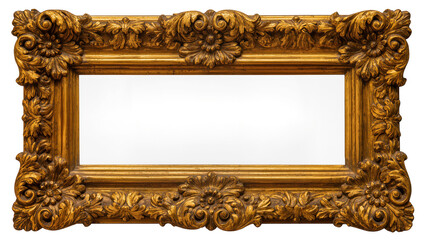 Ornate golden baroque picture frame with intricate floral carvings, isolated on transparent...