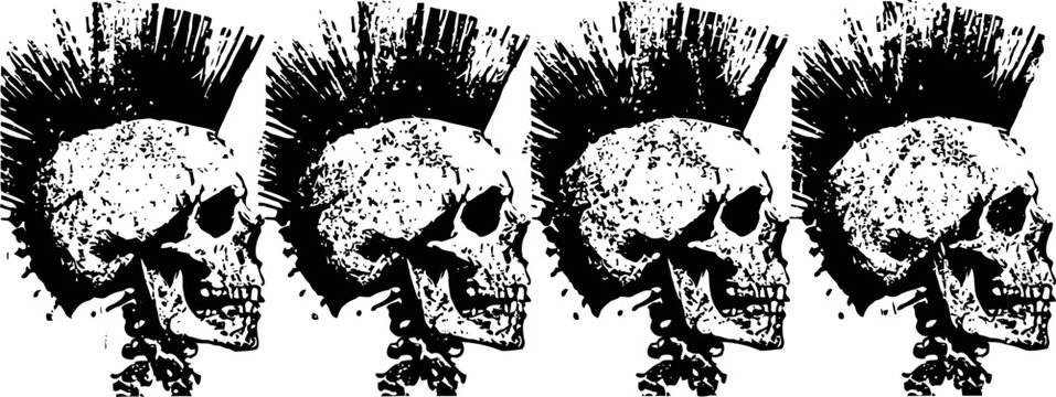 grunge punk skull illustration with mohawk hairstyle, side view repetition design in black and white
