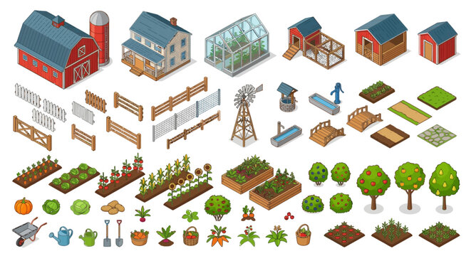 isometric farm set with buildings crops and gardening tools