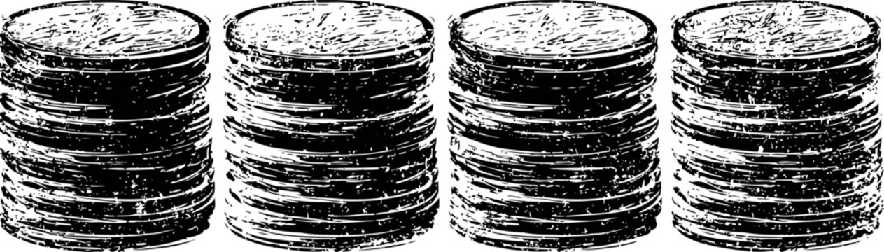 Stacks of old vintage coins arranged in four vertical piles on white background