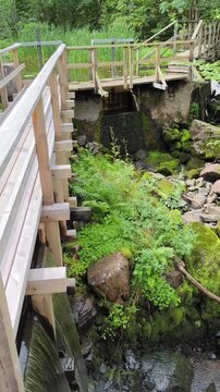 Rasmus Kvarn, Sweden - August 30th 2024: View of Rasmus Kvarn, a traditional wooden water mill with a red tiled roof, wooden footbridge and surrounding forest landscape in Sweden
