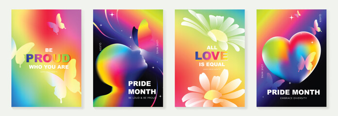 Plakat Pride Month poster set vector. Colorful LGBTQ+ social media template with rainbow hearts, hands, couple silhouette and love message for equality, diversity and human rights.