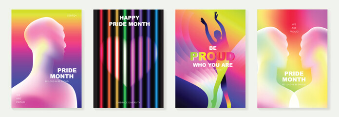 Naklejka na ściany i meble Pride Month poster set vector. Colorful LGBTQ+ social media template with rainbow hearts, hands, couple silhouette and love message for equality, diversity and human rights.