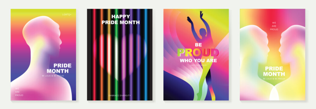 Pride Month poster set vector. Colorful LGBTQ+  social media template with rainbow hearts, hands, couple silhouette and love message for equality, diversity and human rights.