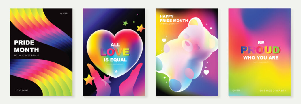Pride Month poster set vector. Colorful LGBTQ+  social media template with rainbow hearts, hands, couple silhouette and love message for equality, diversity and human rights.