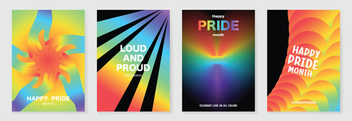 Plakat Pride Month poster set vector. Colorful LGBTQ+ social media template with rainbow hearts, hands, couple silhouette and love message for equality, diversity and human rights.