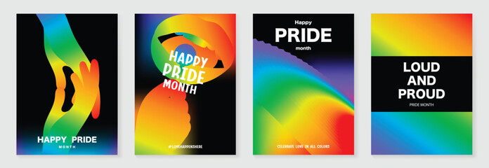 Plakat Pride Month poster set vector. Colorful LGBTQ+ social media template with rainbow hearts, hands, couple silhouette and love message for equality, diversity and human rights.