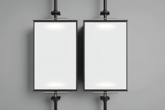 Two blank vertical rectangular light boxes with metal frames hanging on a gray wall for advertising and branding