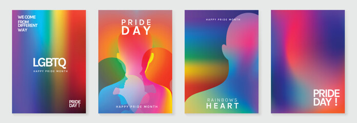 Obraz na płótnie Canvas Pride Month poster set vector. Colorful LGBTQ+ social media template with rainbow hearts, hands, couple silhouette and love message for equality, diversity and human rights.