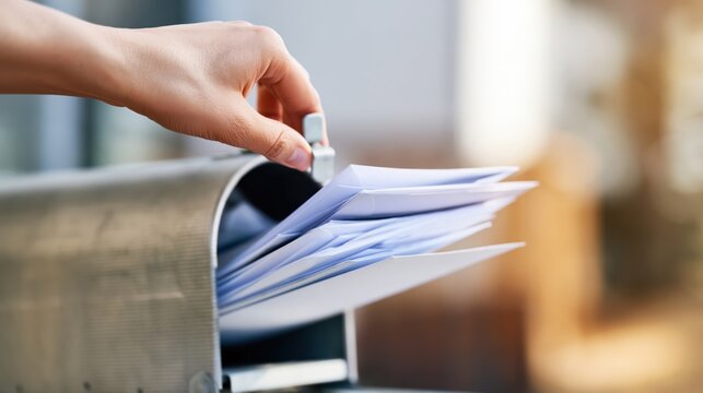 Hand putting documents into office filing box on desk