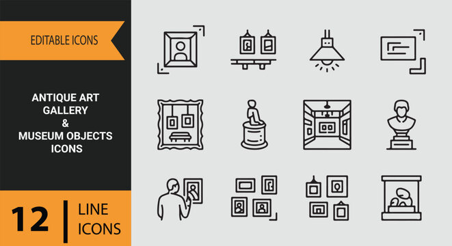 Antique art gallery museum objects outline icons set for culture history exhibition collection theme
