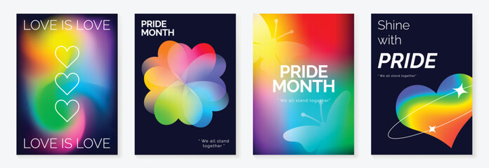 Obraz na płótnie Canvas Pride Month poster set vector. Colorful LGBTQ+ social media template with rainbow hearts, hands, couple silhouette and love message for equality, diversity and human rights.