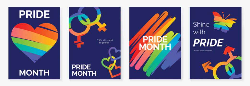 Pride Month poster set vector. Colorful LGBTQ+  social media template with rainbow hearts, hands, couple silhouette and love message for equality, diversity and human rights.