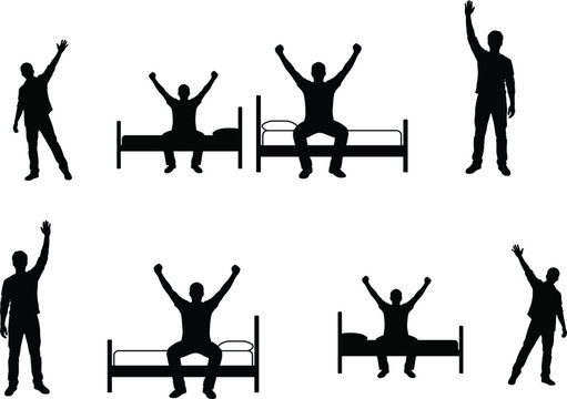 Black vector silhouette set of men waking up and stretching arms on bed isolated on white background