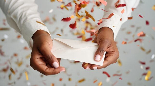 Hands Holding Blank Invitation Card with Falling Confetti