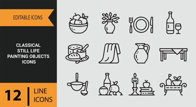 Classical still life painting objects outline icons set for traditional art food and object scenes