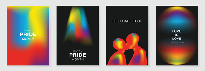 Obraz na płótnie Canvas Pride Month poster set vector. Colorful LGBTQ+ social media template with rainbow hearts, hands, couple silhouette and love message for equality, diversity and human rights.
