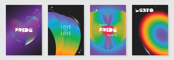 Plakat Pride Month poster set vector. Colorful LGBTQ+ social media template with rainbow hearts, hands, couple silhouette and love message for equality, diversity and human rights.