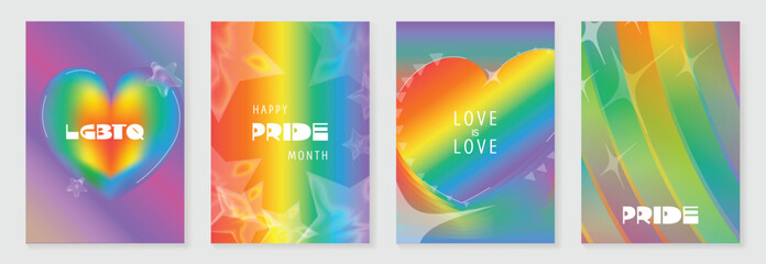 Plakat Pride Month poster set vector. Colorful LGBTQ+ social media template with rainbow hearts, hands, couple silhouette and love message for equality, diversity and human rights.