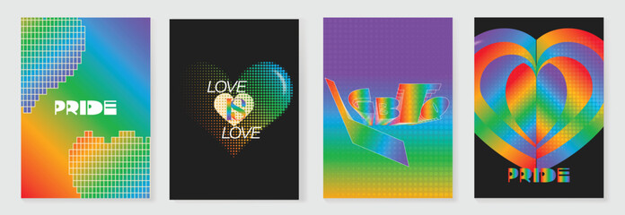 Obraz na płótnie Canvas Pride Month poster set vector. Colorful LGBTQ+ social media template with rainbow hearts, hands, couple silhouette and love message for equality, diversity and human rights.