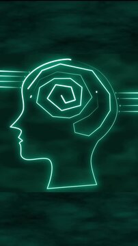 Human head silhouette with green neon brain speed lines. Data processing cognition mind design. Technology energy display on black.