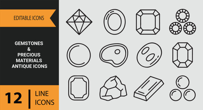 Gemstones precious materials antique outline icons set for luxury minerals collection decorative theme