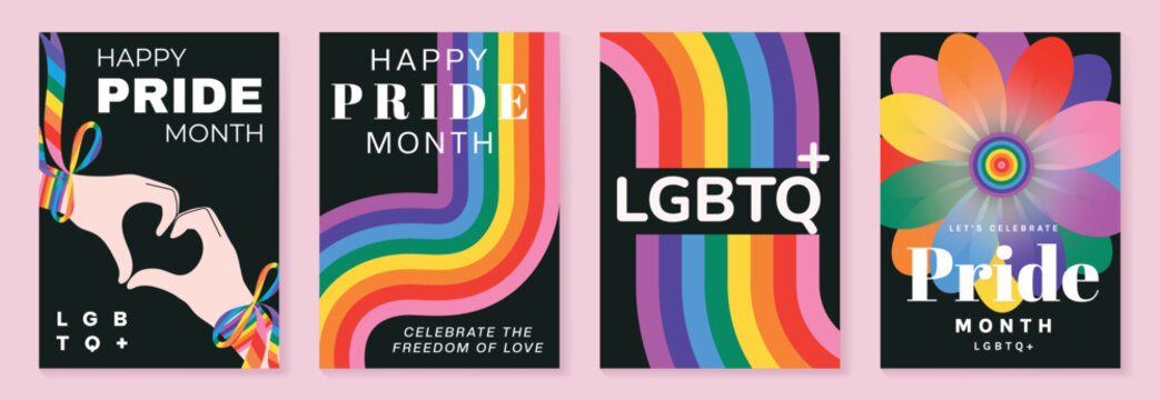 Pride Month poster set vector. Colorful LGBTQ+  social media template with rainbow hearts, hands, couple silhouette and love message for equality, diversity and human rights.