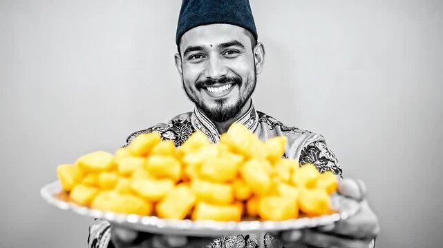A man in traditional clothing offers a plate of food with a smile.