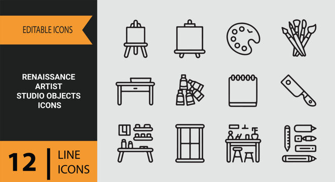 Renaissance artist studio objects outline icons set for classical painting creative workspace theme