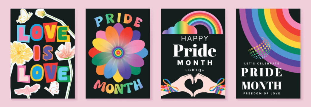 Pride Month poster set vector. Colorful LGBTQ+  social media template with rainbow hearts, hands, couple silhouette and love message for equality, diversity and human rights.