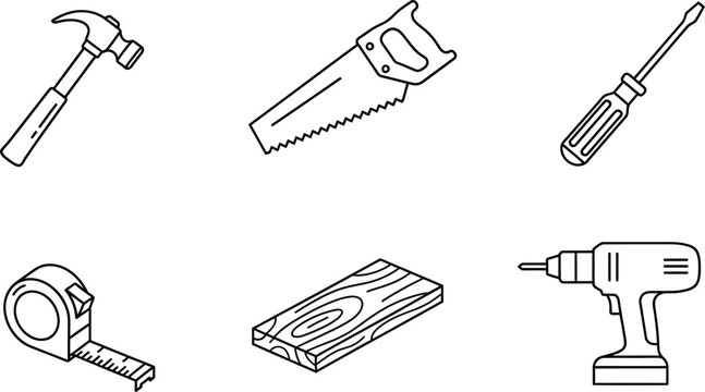 Line of six carpentry tools and a wood plank hammer handsaw screwdriver drill tape measure