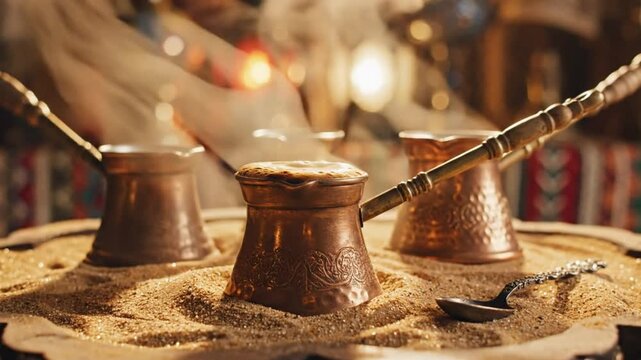 Copper coffee pots brewing in hot sand with steam rising, decorative spoon and blurred background of Middle Eastern decor
