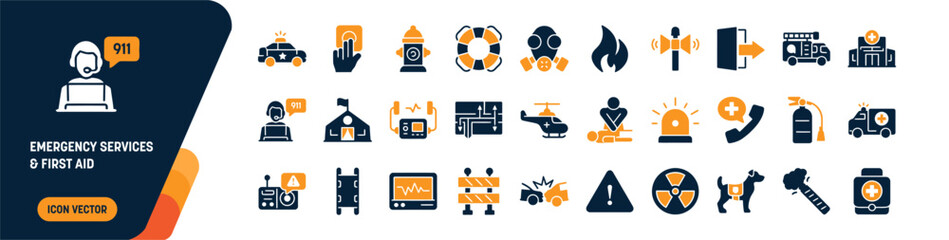 Emergency Services and First Aid Icon Set. police car, fire hydrant, gas mask, fire flame, siren, fire extinguisher and ambulance. editable vector solid illustration © berkahi