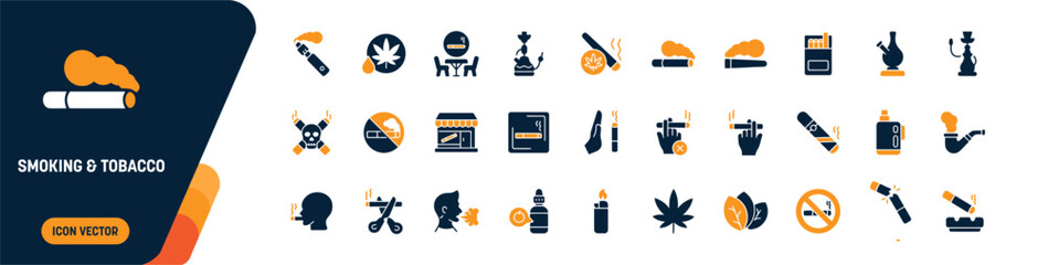 Smoking and Tobacco Icon Set. cigarette, vapor vape, hookah, lighter, tobacco leaf, ashtray and no smoking sign. editable vector solid illustration © berkahi