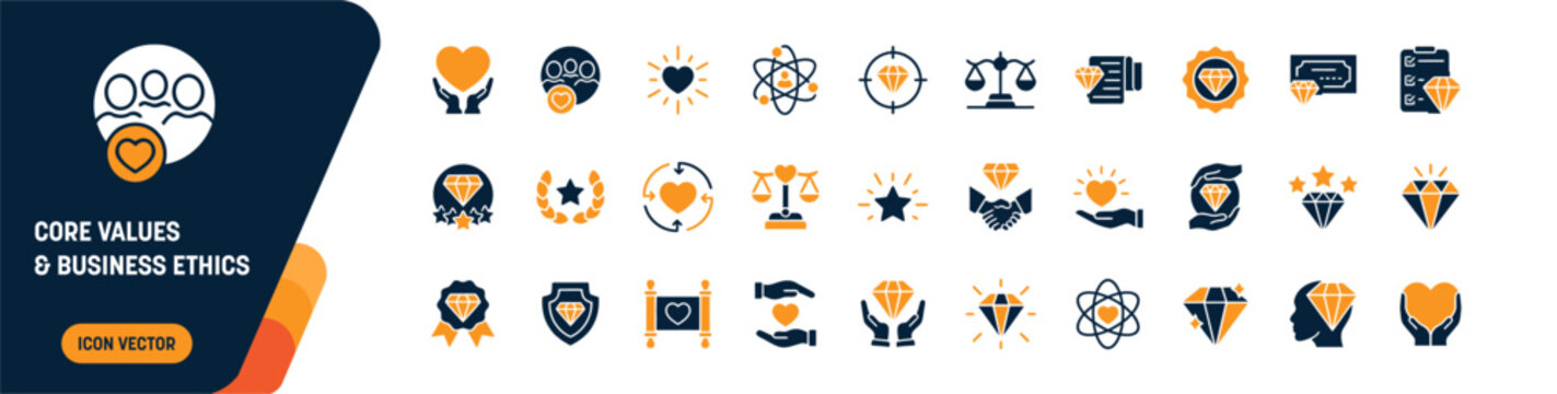 Core Values and Business Ethics Icon Set. diamond, heart, handshake, balance scale, shield, star and hands holding heart. editable vector solid illustration