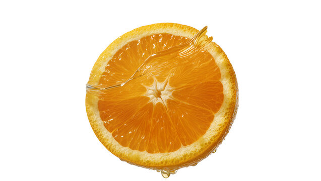 Fresh orange slice with water splash and droplets, isolated on transparent background