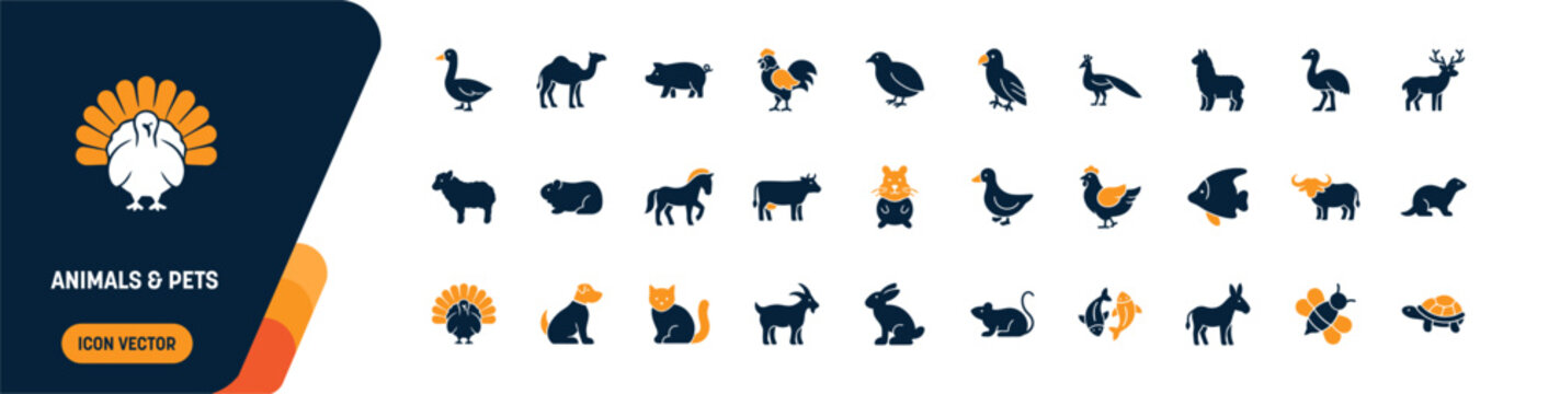 Animals and Pets Icon Set. turkey, camel, horse, dog, cat, rabbit and goat .editable vector solid illustration