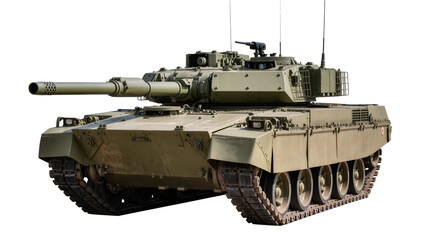 Olive green heavy armored military tank with tracks and turret, isolated on transparent background © Elena