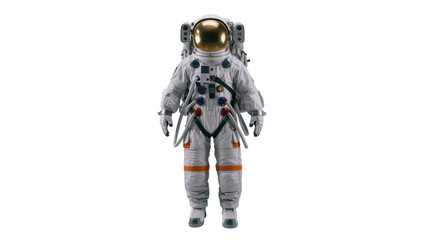 Fototapeta premium Astronaut in detailed white spacesuit with golden helmet, isolated on transparent background