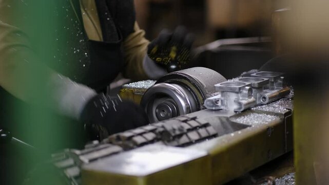 Worker in gloves adjusting metal component on industrial machine tool in manufacturing factory workshop environment