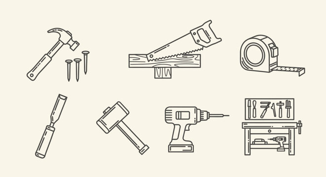 Line of various carpentry tools on a beige background, including hammer, nails, saw, tape measure, screwdriver, mallet, drill, and workbench