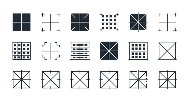 Collection of geometric square design icons and alignment marks.