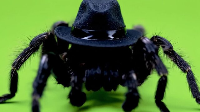 A black tarantula wears a small black fedora hat against a bright green background.