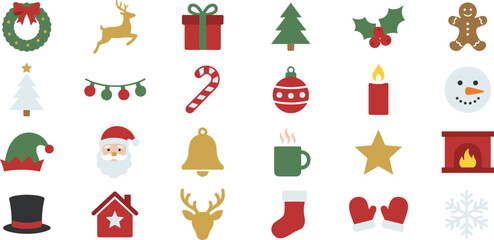 Christmas flat icon set with Santa Claus reindeer gingerbread man snowman and winter elements © MSTJANNATUN