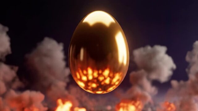 A large, shiny, metallic egg floats above a fiery explosion with smoke
