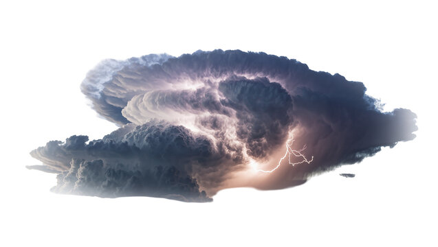 Massive cumulonimbus storm cloud with lightning strike, isolated on transparent background
