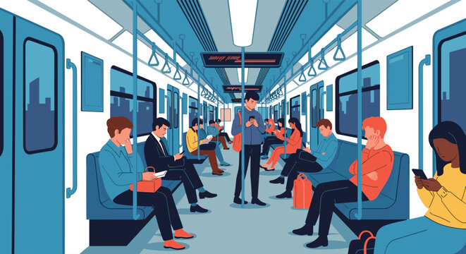 Diverse group of commuters sitting and standing inside a modern subway train car while using their mobile phones.