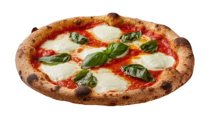 Neapolitan pizza with fresh mozzarella tomato sauce and basil leaves, isolated on transparent background