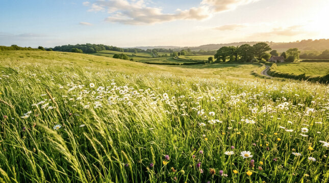 Rolling hills with lush green grass and white wildflowers under a blue sky with clouds at sunset