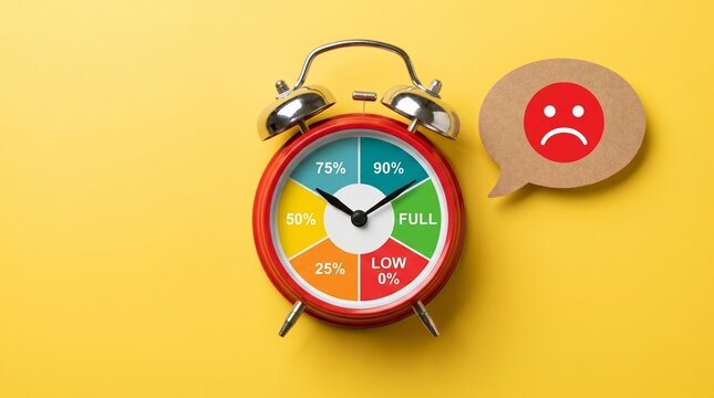 Red alarm clock with percentage battery level dial on yellow background, time management and burnout concept, sad face emoji in speech bubble